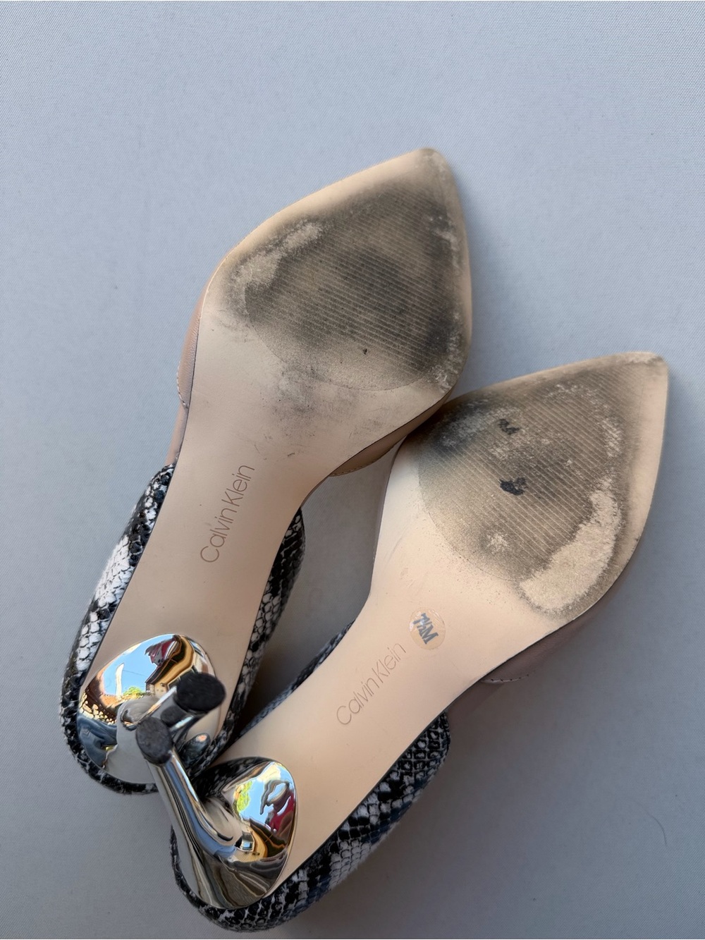 Chrome Heels Calvin Klein Sebrina Pumps Nude Leather Snake Print Stilettos - Picture 9 of 10